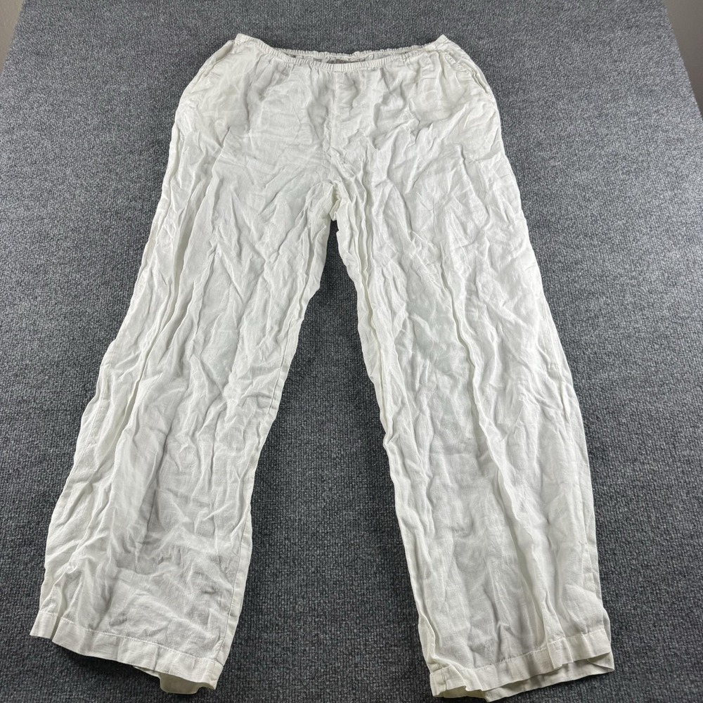 FLAX Pants Womens L White Linen Pull On Elastic Waist Relaxed Summer Trousers